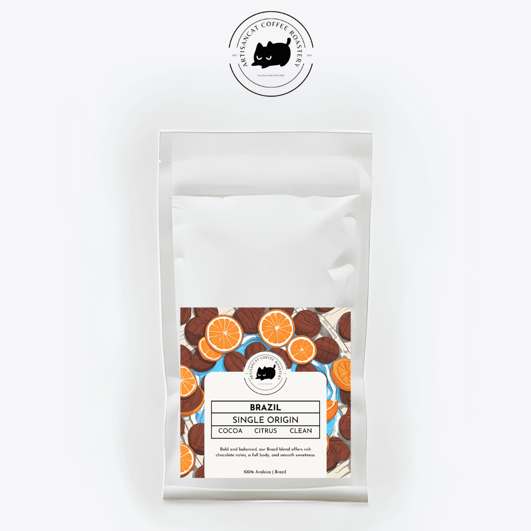 Brazil coffee bag. The label shows oranges and cocoa pods.
