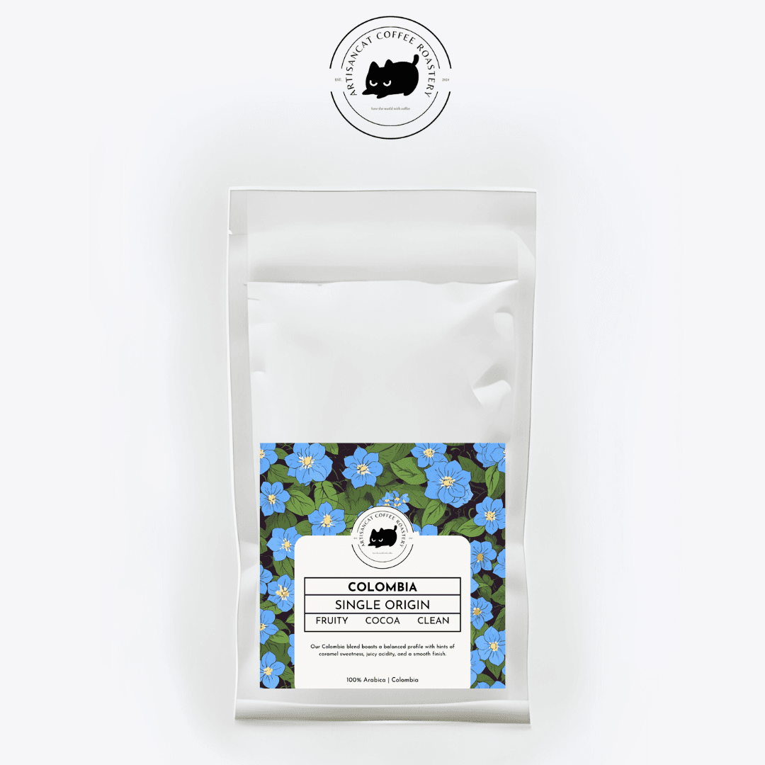 Colombia coffee bag with a label of blue flowers on deep green foliage