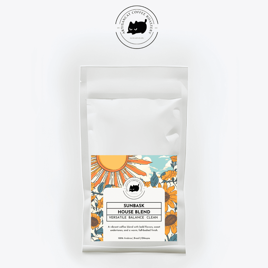Sunbask coffee bag with a label of a blazing sun, sunflowers and blue sky
